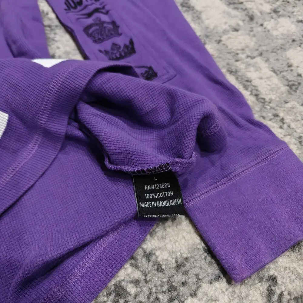 Nostic Y2K Mens L Purple Thermal Waffle Long Sleeve Graphic Shirt Velvet Flock